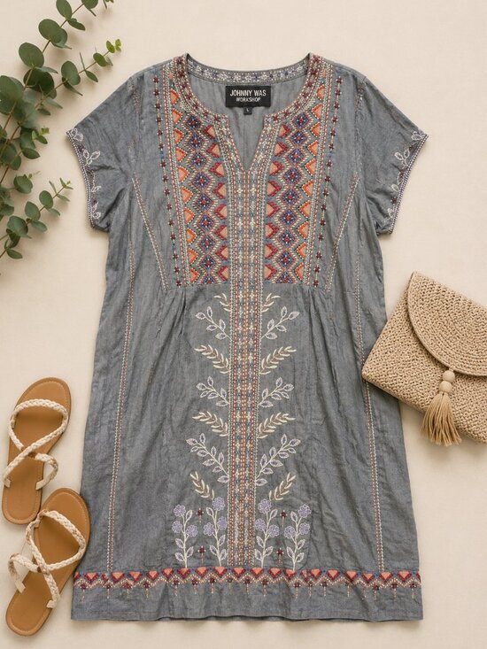 Johnny Was Dresses & Skirts - Johnny Was Workshop Embroidered Boho Tunic Dress Gray Floral Size L